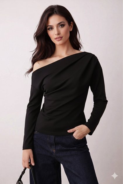 New Product Drape/Ruching Detail Flowy Neckline Knitted Crepe Fabric Long Sleeve Blouse 0031