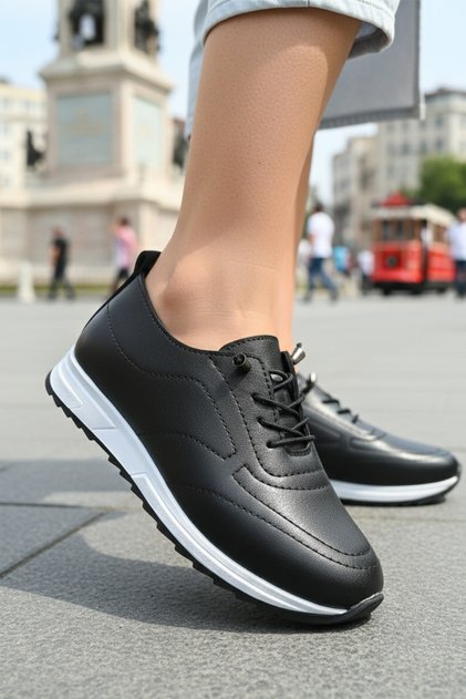 Women's Black Daily Orthopedic Sole Padded Heel Comfortable Faux Leather Breathable Sneaker