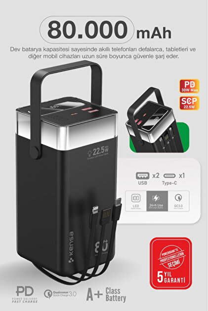 Kensa 80.000 mAh Süper Kapasiteli LED Işıklı Powerbank – Hızlı