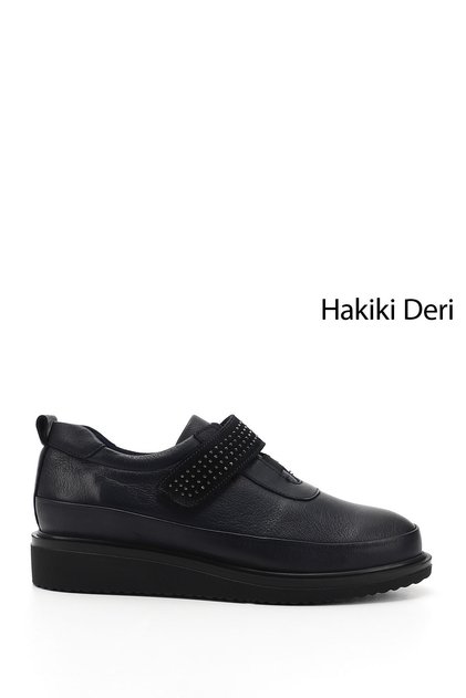 Women's Navy Blue Antique Wedge Sole Stone Detailed Genuine Leather Shoes