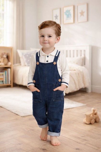 Polo Yaka Sweatshirt Düğmeli Likralı Kot Salopet Erkek Bebek Takım