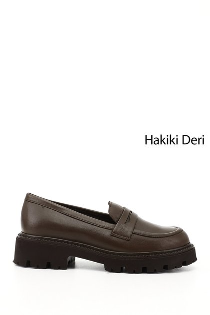 Kadın Kahve Antik Kalın Topuklu Hakiki Deri Loafer Ayakkabı