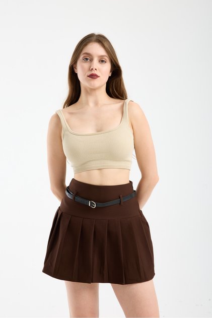 Women's Brown Pleated Belt Detailed Shorts Skirt