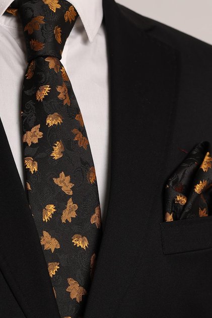 Hand Made 8 cm Floral Patterned Gold & Black Tie & Handkerchief