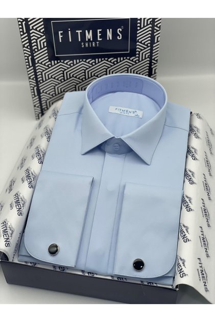 Slim Fit Uzun Kol Gizli Düğmeli Likralı Smokin Damatlık Erkek Gömlek FS-004296 - Mavi