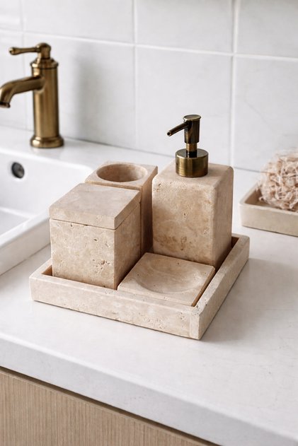 Doğal Traverten Taş Banyo Seti – | Minimal Lüks Tasarım