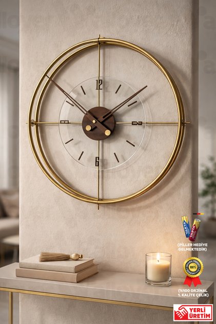 Ultra Büyük Boy Delux Gold/Ceviz Kırılmaz Tamperli Camlı Sessiz Metal (Paslanmaz) Duvar Saati 60x60