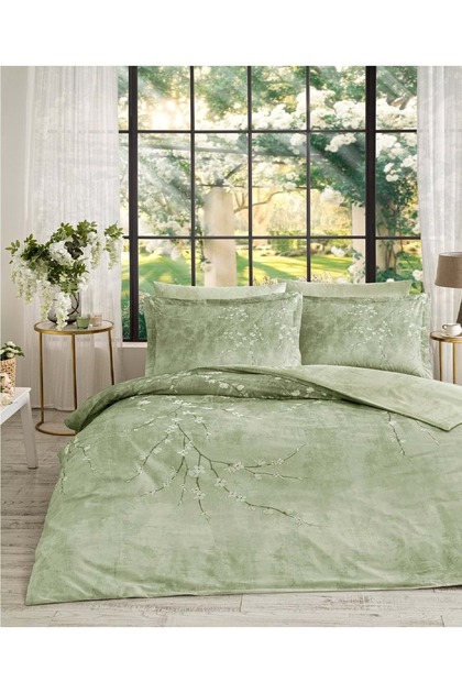 Ranforce -White Sakura Green- King Size Double Duvet Cover Set with Elastic Sheets