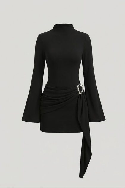 Rochie mini de damă, modelatoare, cu guler înalt, detaliu cu cataramă și cordon, negru