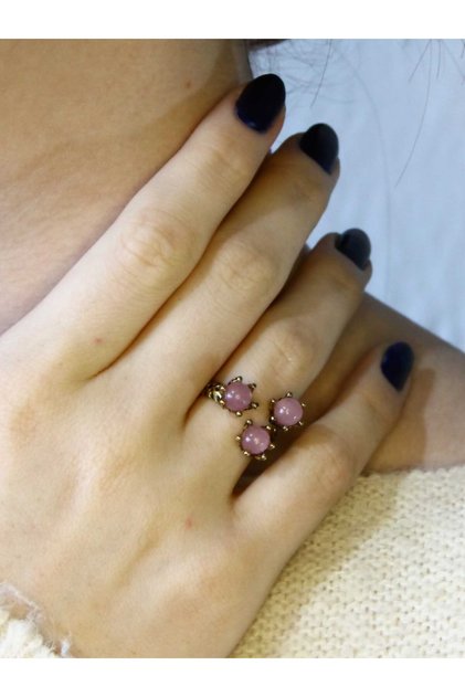 Natural Stone Pink Quartz 3-Piece Natural Stone Antique Model Women's Adjustable Ring Euy88Pk