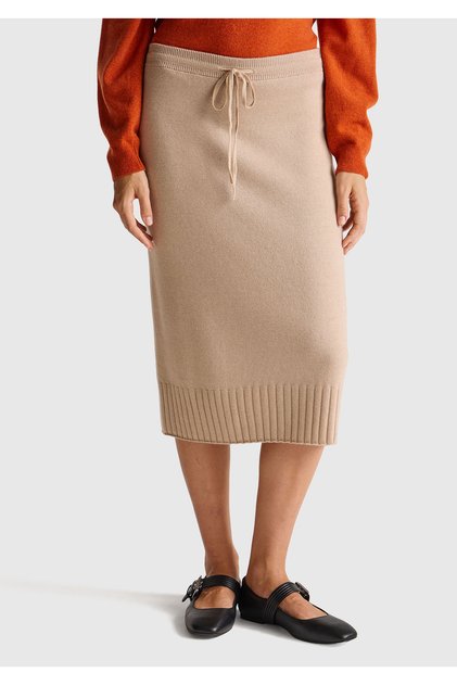 Women's Beige Cotton and Wool Blend Ribbed Detailed Lace-Up Knitted Skirt