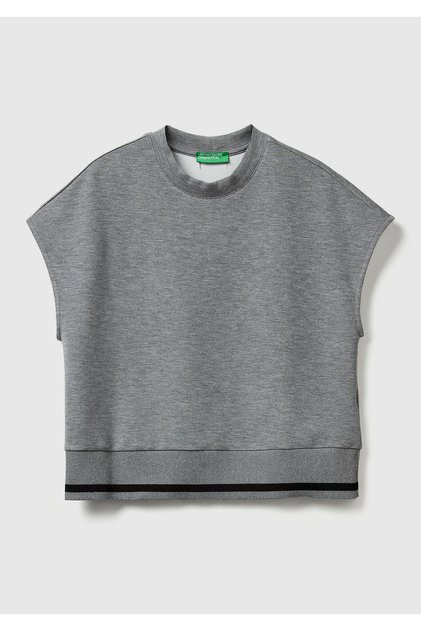Women's Light Gray Modal Blend Sleeveless Sweatshirt with Stripe Detail at the Waist
