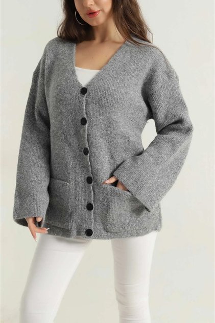 Graue Doppeltaschen-Strickjacke - 04622