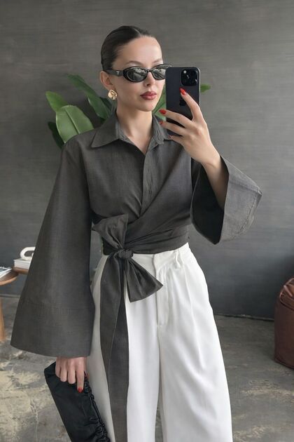 Women's Spanish Sleeve Tie-Waist Belted Shirt Inci