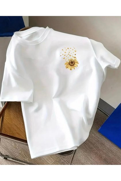 HEART YELLOW FLOWER PRINT OVERSIZE CREW NECK T-SHIRT