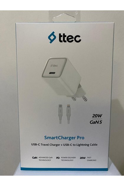 2TC20LB ttec SmartCharger 20W PD GAN Seyahat Hızlı Şarj Aleti + USB-C - Lightning 150cm Kablo