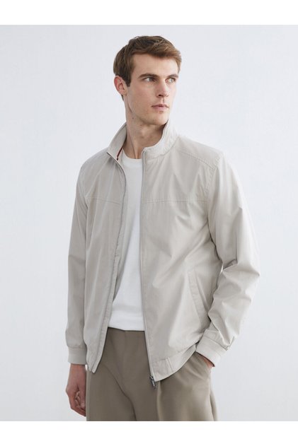 Beige Standard Fit Stand Collar Men's Coat