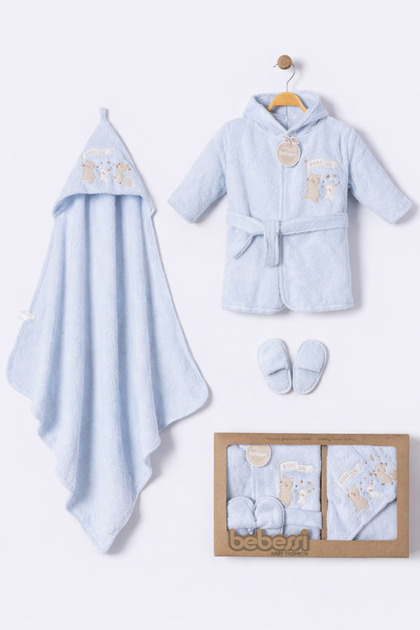 Hooded Embroidered Baby Bathrobe Set of 3 (Bathrobe + Towel + Slippers)