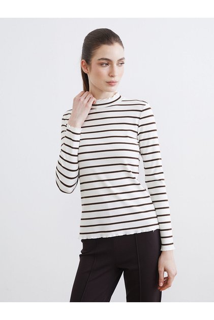 Brown Stand Collar Striped Women's Bodysuit