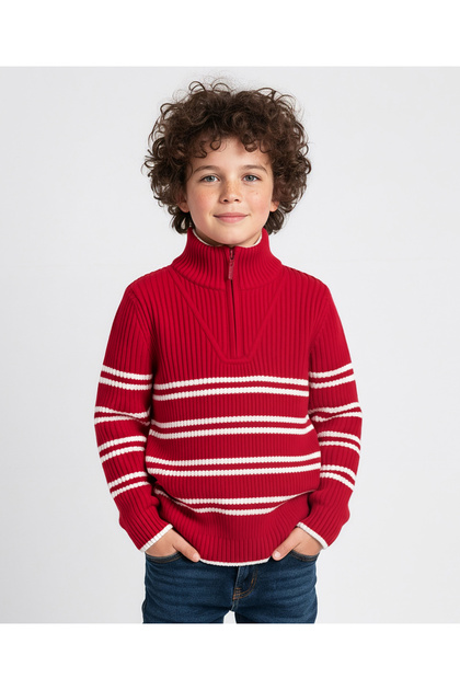 Knit Full Sleeves Striped Sweater - Red