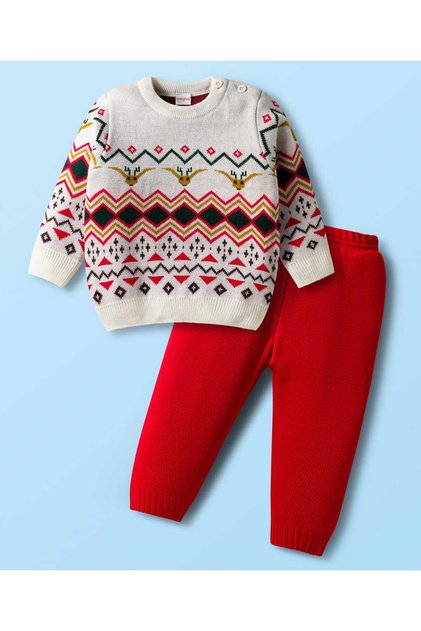 Knit Full Sleeves Sweater Set with Fair Isle Design - White & Red