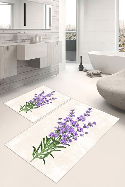 Lavender Patterned 2-Piece Bath Mat Set, Non-Slip Base Bath Rug 60X100 50X60Cm