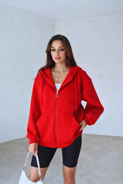 Kadın 3 İplik Oversize Kapüşonlu Fermuarlı Hırka Sweatshirt