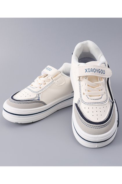 Perforated Velcro Closure Casual Shoes - White/Grey/Navy Blue
