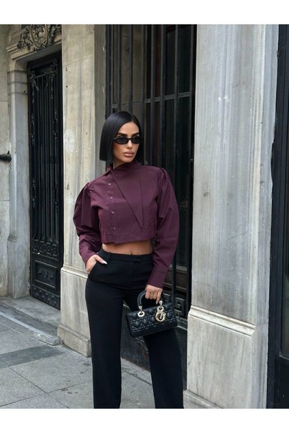 Women's Burgundy Elastic Waist Crop Shirt Yel221784