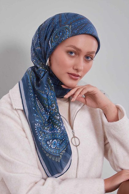 Denim blue marbled pattern silk cotton scarf