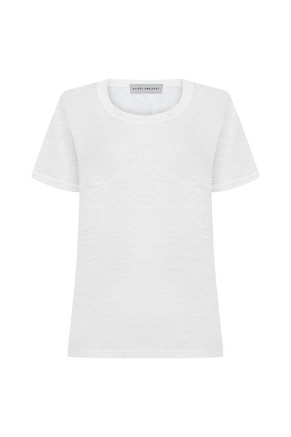 Kırık Beyaz Bisiklet Yaka Flamlı Kısa Kol Tshirt