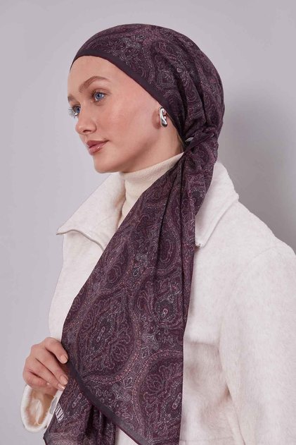 Mürdüm Çini Desen Silk Coton Eşarp
