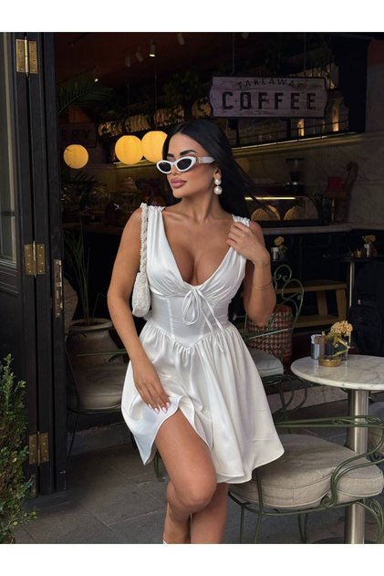 Γυναικείο Λευκό Κορσέ Λεπτομερές Σατέν Μίνι Φόρεμα YEL221694