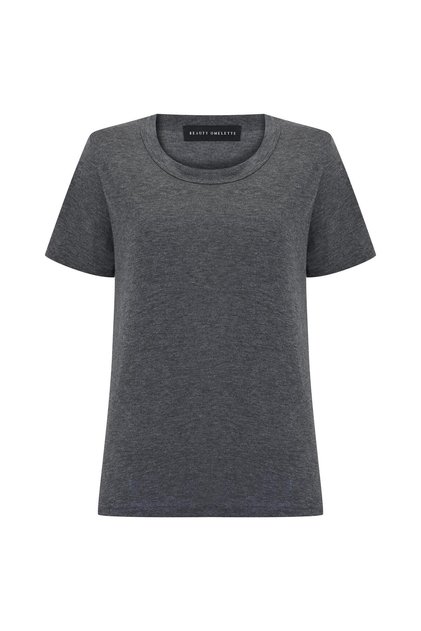 Koyu Gri Melanj Bisiklet Yaka Flamlı Kısa Kol Tshirt