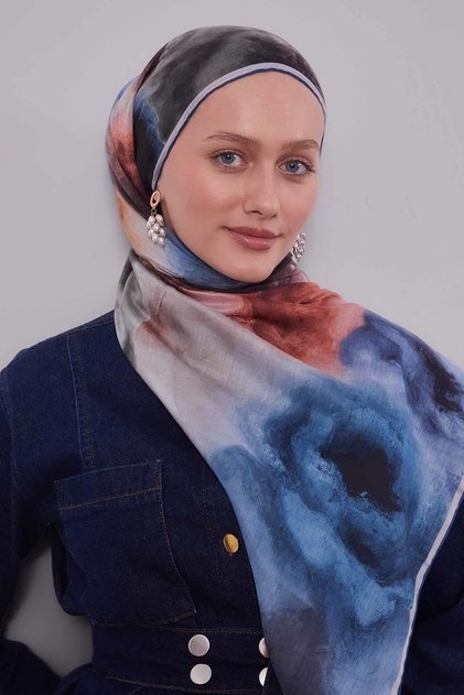 Navy Blue Lotus Flower Silk Coton Scarf