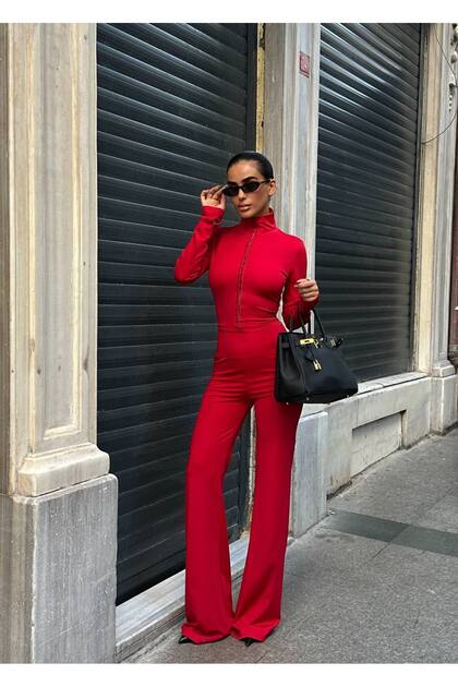 Women's Red Finger-Interlocking Crop Jacket-Leggings Set Yel221781