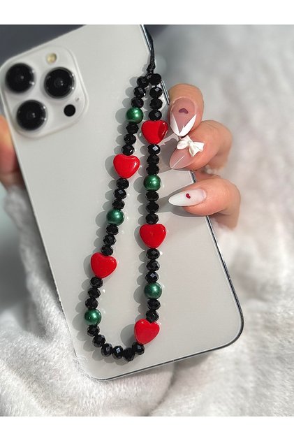 Heart Beaded Phone Charm | Red Heart – Black Beaded Aesthetic Phone Accessory