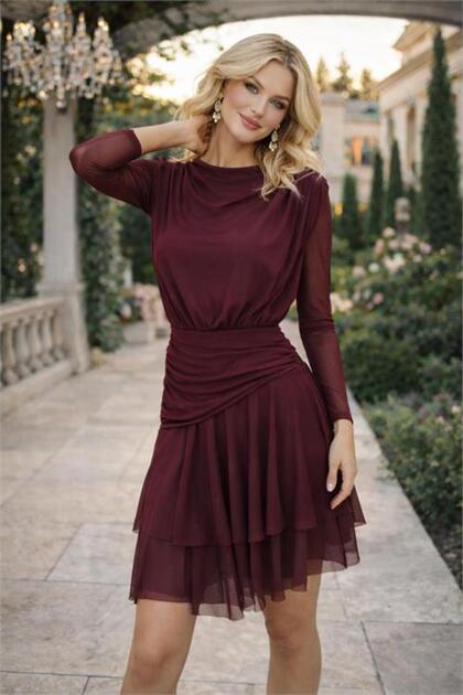 Women's Burgundy Chiffon Fabric Corsage Mini Length Long Sleeve Shoulder Shoulder Pad Piece Dress Nbk073