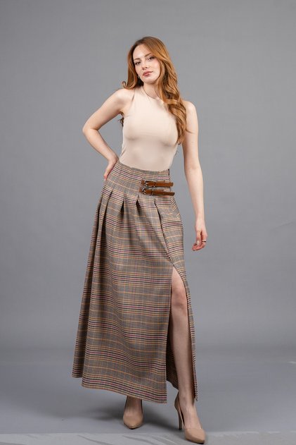 Women's Winter Orange Royal Plaid Slit Skirt Plaid Premium Maxi Skirt Stylish Daily Casual 6831