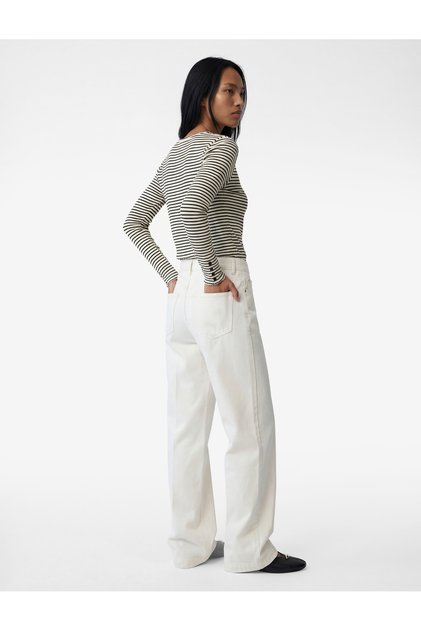 Slim Fit Long Sleeve Cuffed Button Detail Crew Neck Striped T-Shirt