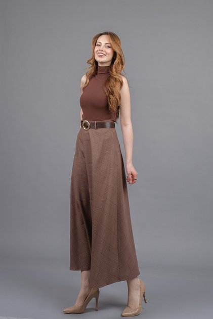 Women's Winter Burgundy Plaid Checkered Belted Maxi Skirt Stylish Daily Comfortable 6836