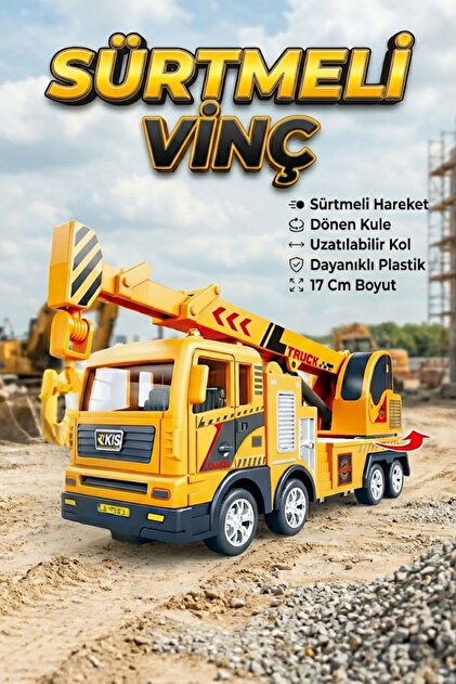 craftivio Oyuncak Vinç Sarı İnşaat Aracı Sürtmeli Hareketli Kule