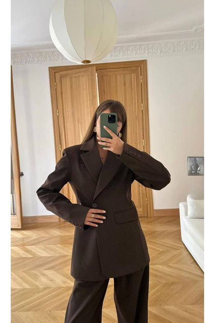 Design Double Button Detail Lined Premium Series Long Blazer Jacket Palazzo Pants Double Suit
