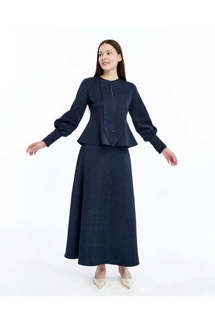 Front and Sleeve Cuffs with Zippers, Balloon Sleeves, Patterned Jacquard Skirt Set