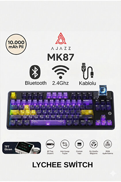 Ajazz MK87 Lychee Switch 10.000 Mah Batarya RGB Mekanik Oyun