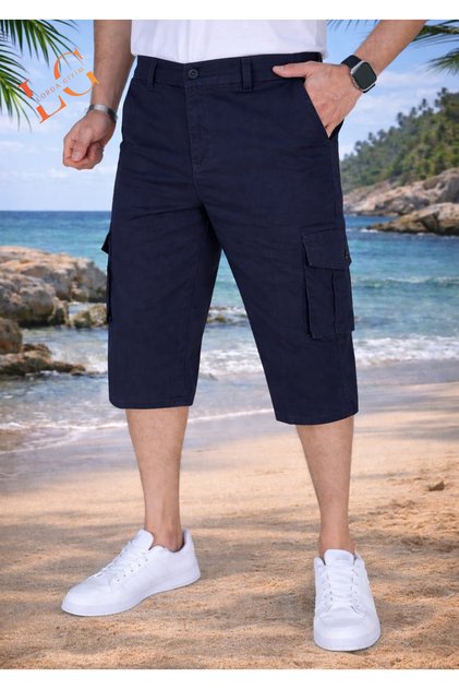 Men's Bermuda Shorts Long Capri K Cargo Pocket İ Long Capri Above the Knee High Waist Lycra Dark Blue