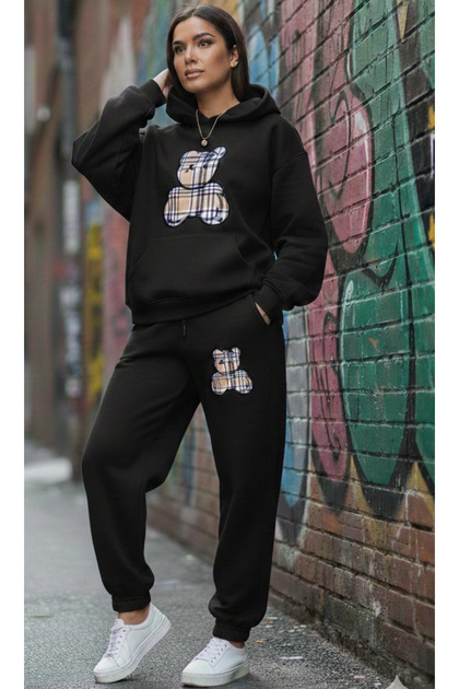 Unisex Printed Oversized Hooded Gray/Black Tracksuit Set Loose Fit