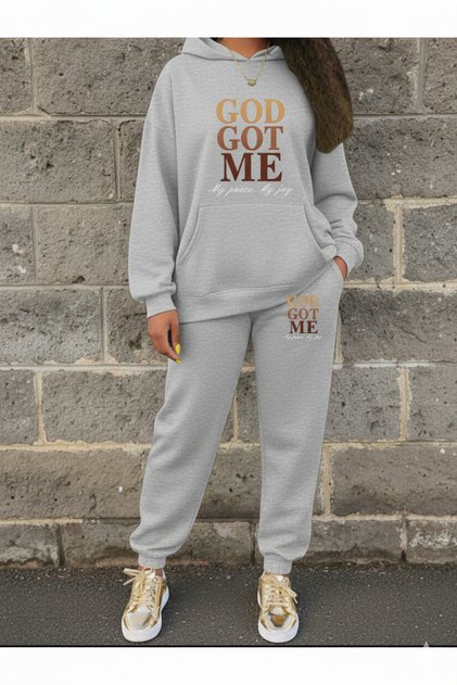 Unisex'God Got Me' Printed Oversize Hooded Tracksuit Set Loose Fit