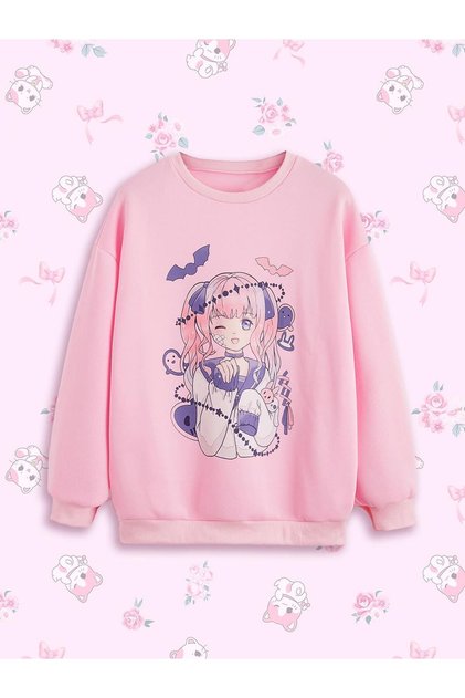 Winking Girl Printed Girls Winter Children's Sweatshirt Pink