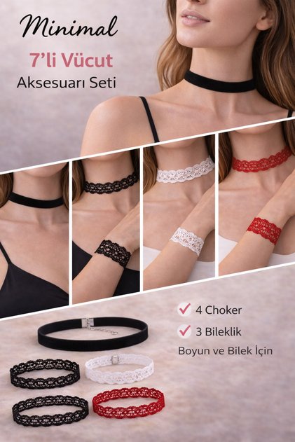 Minimal Noir – 7’li Vücut Aksesuarı Seti (4 Choker & 3 Bileklik)